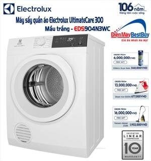 Máy sấy thông hơi Electrolux 9kg EDS904H3WC (Làm mới quần áo mà không cần giặt, Sấy đảo chiều chống nhăn, Chương trình diệt khuẩn chuyên sâu, Cảm biến sấy bảo vệ áo quần, Giảm phai màu đến 80%*, Sấy nhanh cho lượng đồ ít Màu trắng)