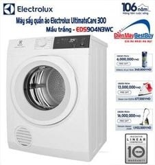 Máy sấy thông hơi Electrolux 9kg EDS904H3WC (Làm mới quần áo mà không cần giặt, Sấy đảo chiều chống nhăn, Chương trình diệt khuẩn chuyên sâu, Cảm biến sấy bảo vệ áo quần, Giảm phai màu đến 80%*, Sấy nhanh cho lượng đồ ít Màu trắng)