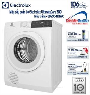 Máy sấy thông hơi Electrolux 9kg EDV904H3WC (Sấy đảo chiều chống nhăn, Chương trình diệt khuẩn chuyên sâu, Cảm biến sấy bảo vệ áo quần, Giữ trang phục bền màu lâu hơn, Sấy nhanh cho lượng đồ ít, Lồng sấy cỡ lớn tiện lợi. Màu trắng)