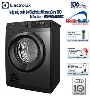 Máy sấy thông hơi Electrolux 9kg EDV904N3SC (Sấy đảo chiều chống nhăn, Chương trình diệt khuẩn chuyên sâu, Cảm biến sấy bảo vệ áo quần, Giữ trang phục bền màu lâu hơn, Sấy nhanh cho lượng đồ ít, Lồng sấy cỡ lớn tiện lợi. Màu xám đen