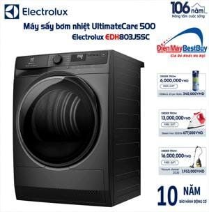 Máy sấy heatpump Electrolux 8KG UltimateCare EDH803J5SC - Màu xám đen - SensiCare cảm biến thông minh giúp bảo vệ sợi vải; Sấy diệt khuẩn Hygiene; ColourCare giữ màu sắc; Reverse Tumbling chống nhăn, xoắn rối; Thailand