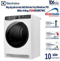 Máy sấy quần áo Heatpump Electrolux 9kg EDH903R7WC( Cảm biến Radar, sấy sâu hiệu quả, Sấy nâng niu trang phục cao cấp, Tiết kiệm đến 60% năng lượng, Chương trình diệt khuẩn chuyên sâu,An toàn cho đồ len giặt tay,Sấy khô và giữ gìn quần áo.Màu trắng)