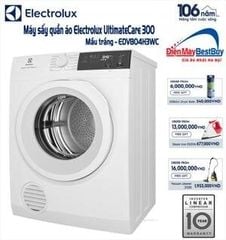 Máy sấy thông hơi Electrolux 8kg EDV804H3WC (Sấy đảo chiều chống nhăn, Chương trình diệt khuẩn chuyên sâu, Cảm biến sấy bảo vệ áo quần, Giữ trang phục bền màu lâu hơn, Sấy nhanh cho lượng đồ ít, Lồng sấy cỡ lớn tiện lợi. Màu trắng)