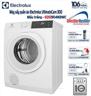 Máy sấy thông hơi Electrolux 9kg EDS904H3WC (Làm mới quần áo mà không cần giặt, Sấy đảo chiều chống nhăn, Chương trình diệt khuẩn chuyên sâu, Cảm biến sấy bảo vệ áo quần, Giảm phai màu đến 80%*, Sấy nhanh cho lượng đồ ít Màu trắng)