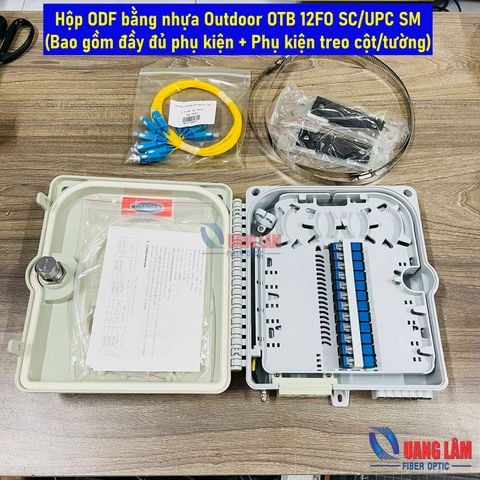 Hộp ODF bằng nhựa Outdoor OTB 12FO SC/UPC (12 Adapter SC/UPC, 12 Dây nối quang đơn mốt SC/UPC dài 1.5M phi 0.9mm, 12 Ống co nhiệt, Phụ kiện treo cột/tường)