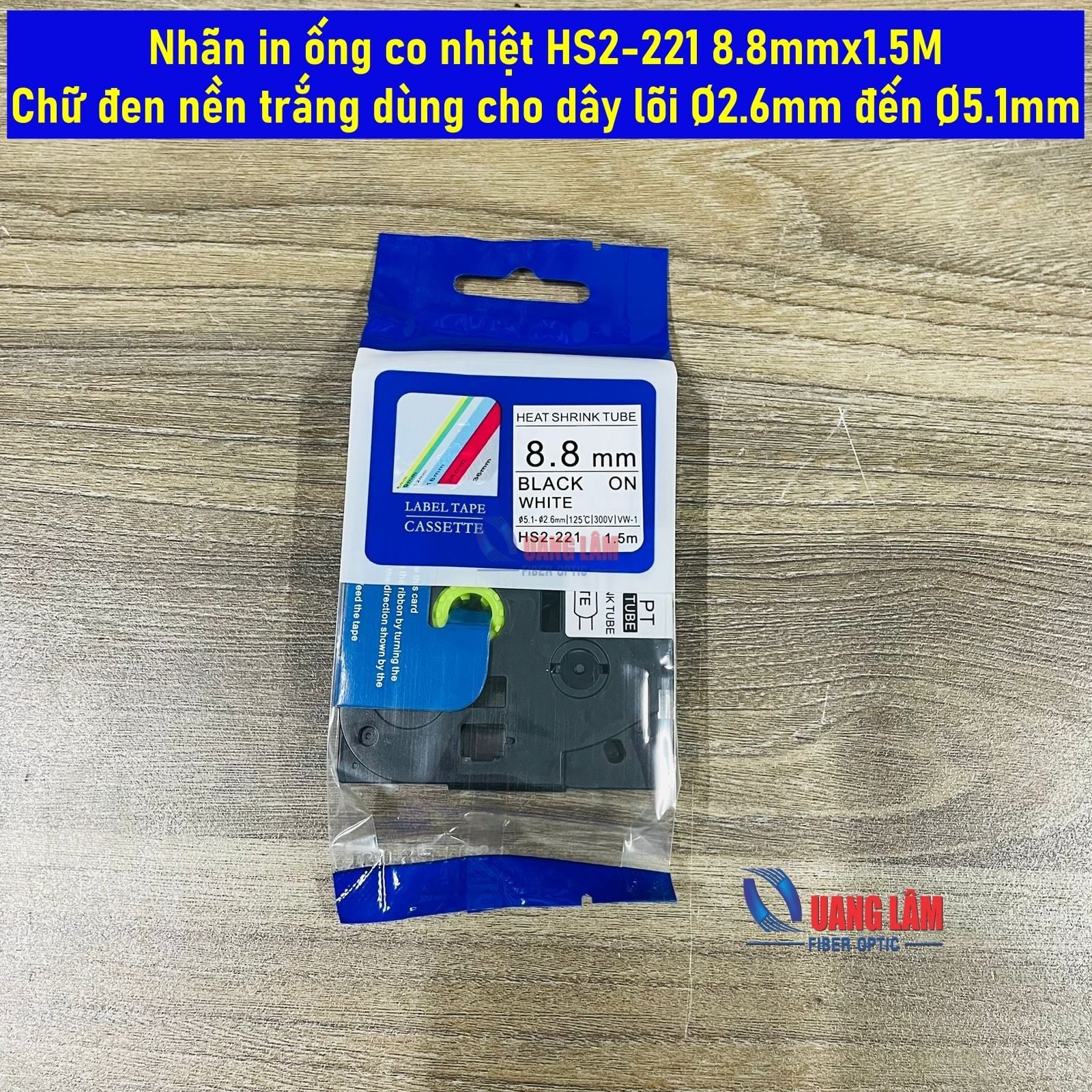 Nhãn in ống co nhiệt HS2-221 8.8mmx1.5M - Chữ đen nền trắng dùng cho dây lõi Ø2.6mm đến Ø 5.1mm cho máy in Brother