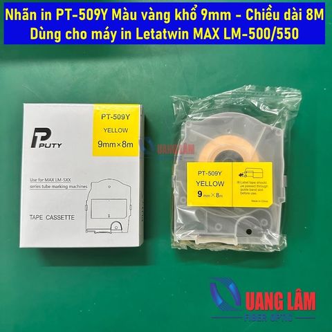 Nhãn in PT-509Y Màu vàng khổ 9mm - Chiều dài 8M - Dùng cho máy in Letatwin MAX LM500/550