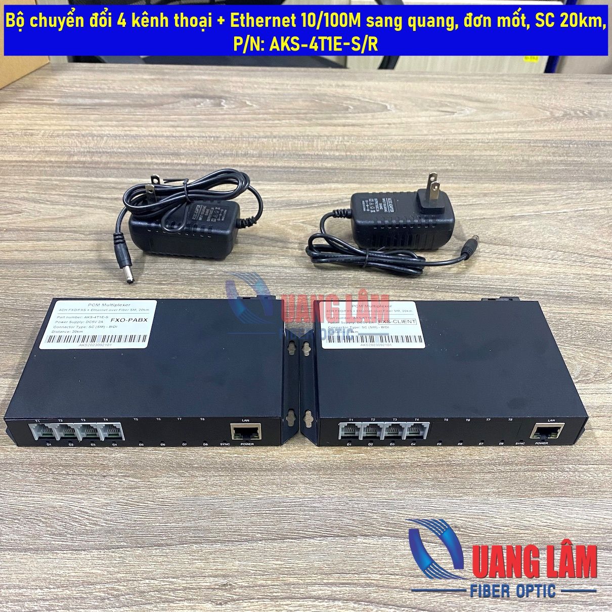 Bộ chuyển đổi 4 kênh thoại FXO/FXS+ Ethernet 10/100M sang quang, đơn mốt, SC 20km, P/N: AKS-4T1E-S/R