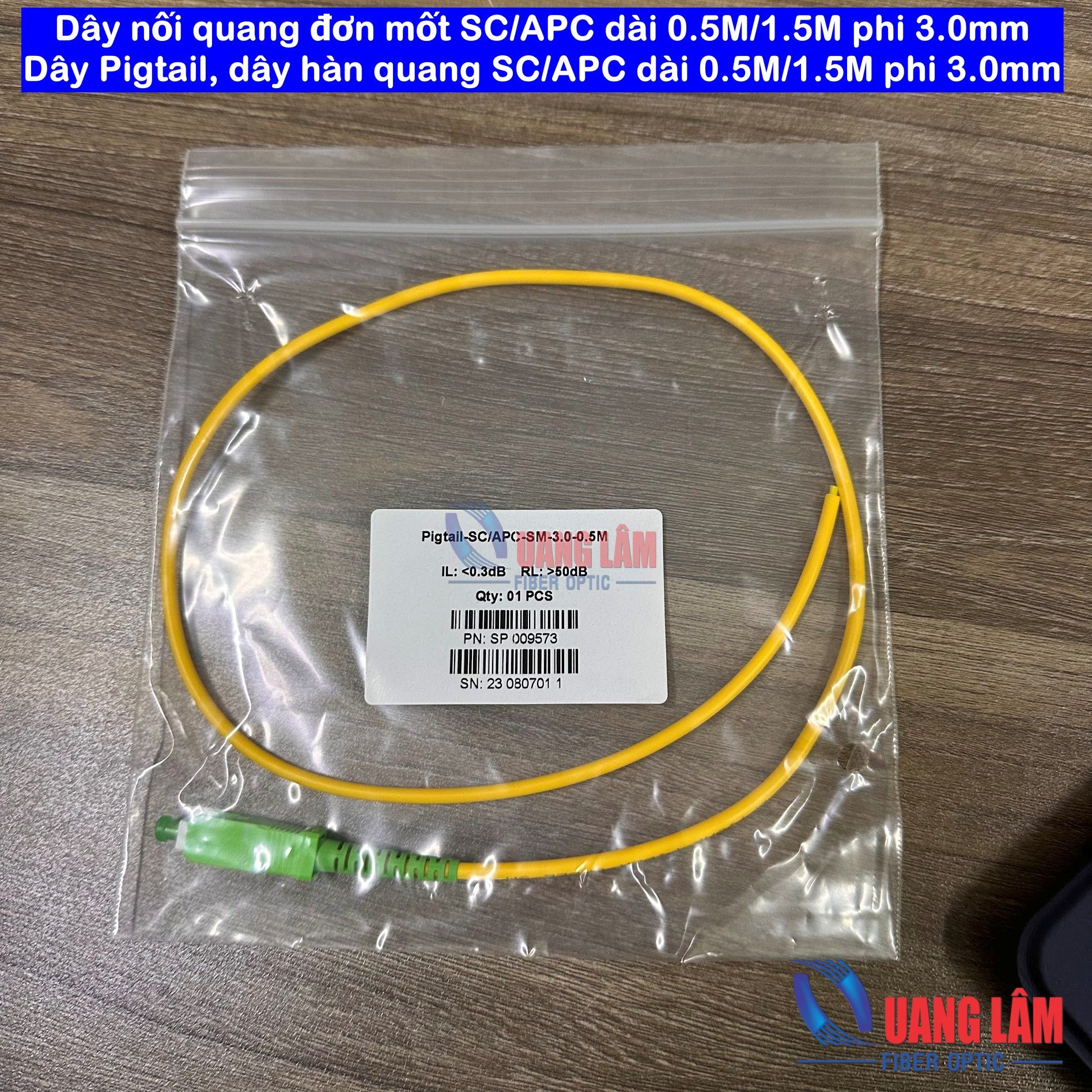 Dây nối quang đơn mốt SC/APC dài 1.5M phi 3.0mm - Dây Pigtail, dây hàn quang SC/APC dài 1.5M phi 3.0mm