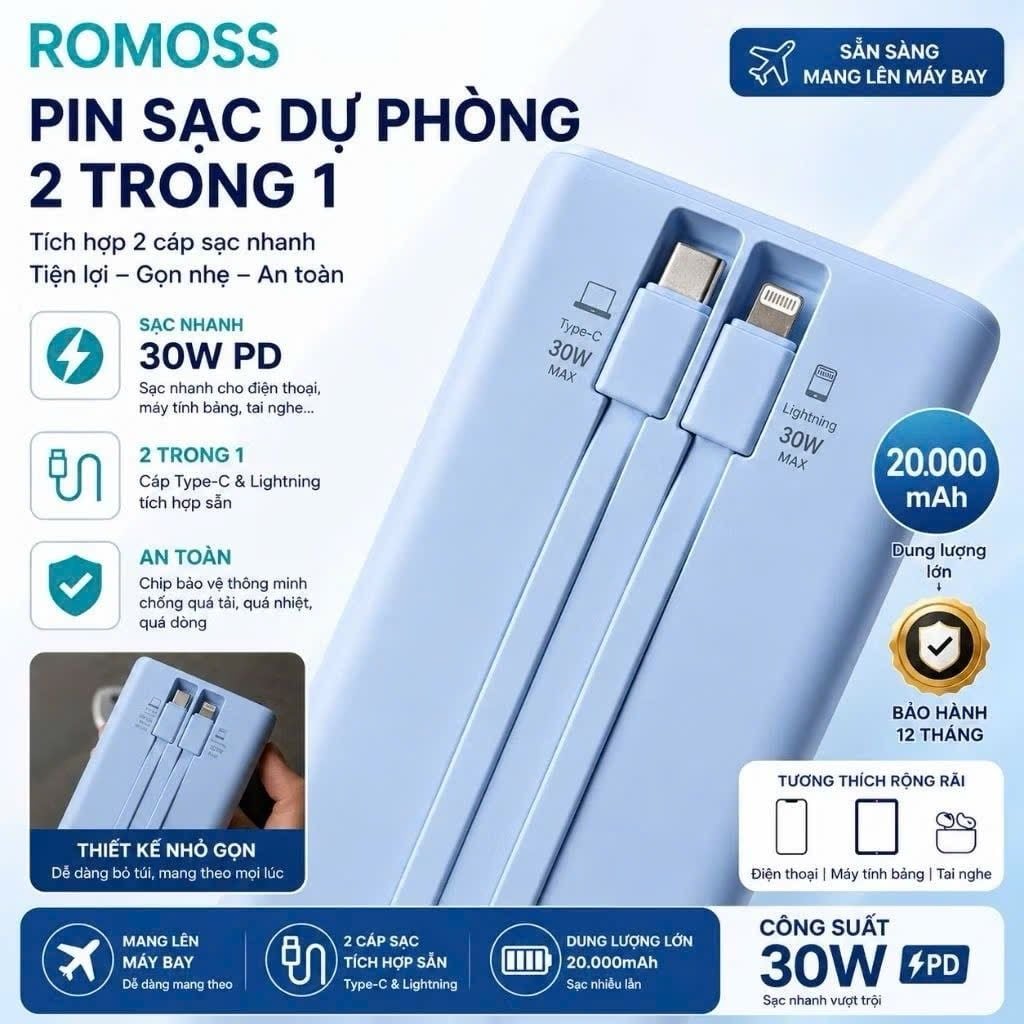  Sạc Dự Phòng Romoss 20.000mAh - Sạc nhanh 30w, kèm dây C-L, màu thời thượng (cpkdd) 