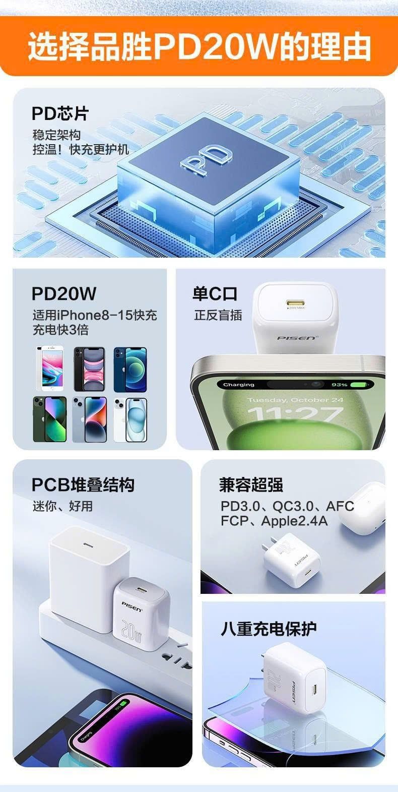  Bô sạc nhanh Type C - Lightning 20W GaN Pisen chính hãng 