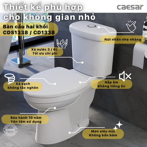 Bàn cầu hai khối + Nắp rửa cơ CAESAR CD1338+TAF060