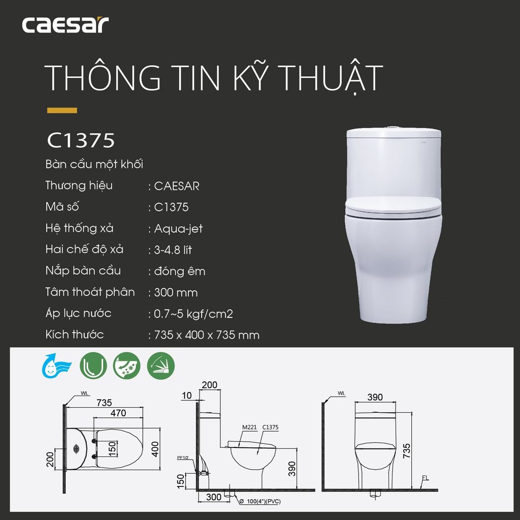 Bàn cầu một khối + Nắp rửa điện tử CAESAR C1375F+TAF512H