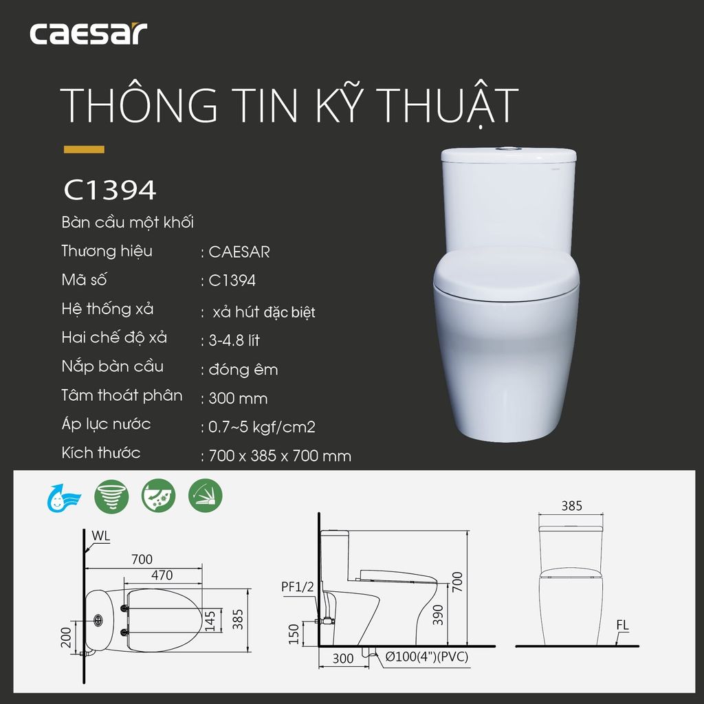 Bàn cầu một khối + Nắp rửa điện tử CAESAR C1394F+TAF512H