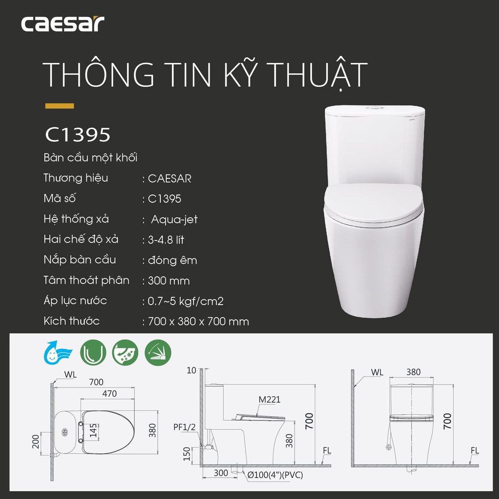 Bàn cầu một khối + Nắp rửa điện tử CAESAR C1395F+TAF710H