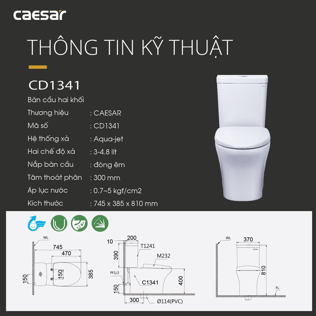 Bàn cầu hai khối + Nắp rửa điện tử CAESAR CD1341+TAF710H