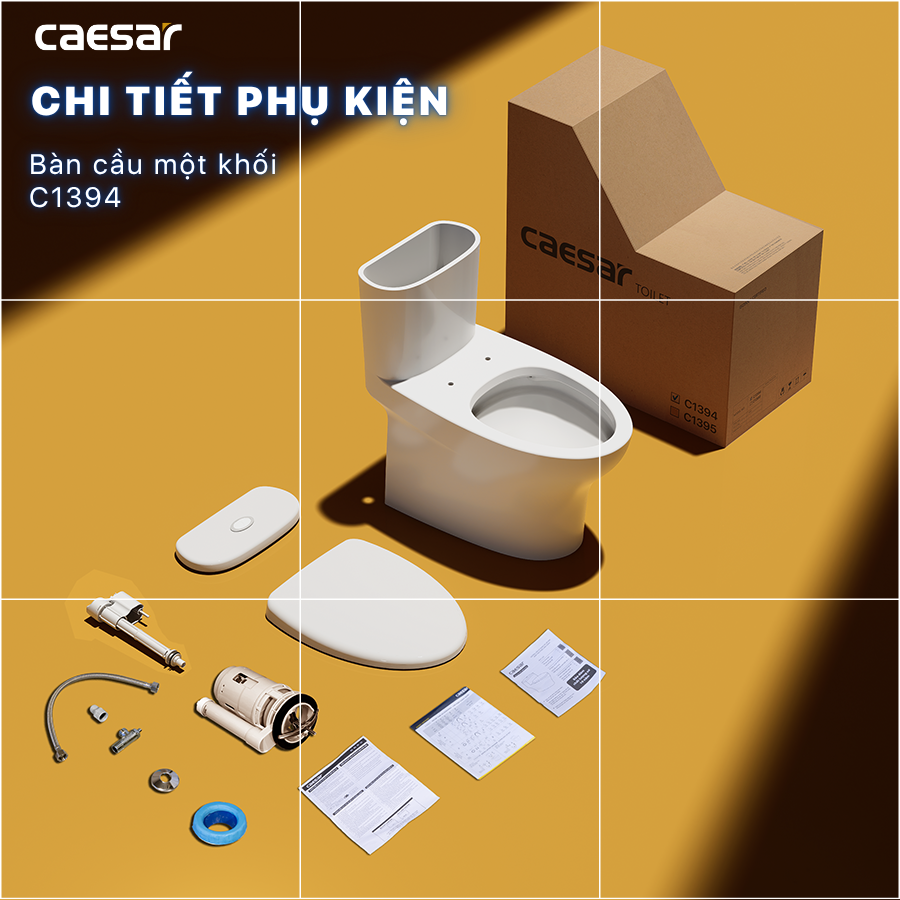 Bàn cầu một khối + Nắp rửa điện tử CAESAR C1394F+TAF512H