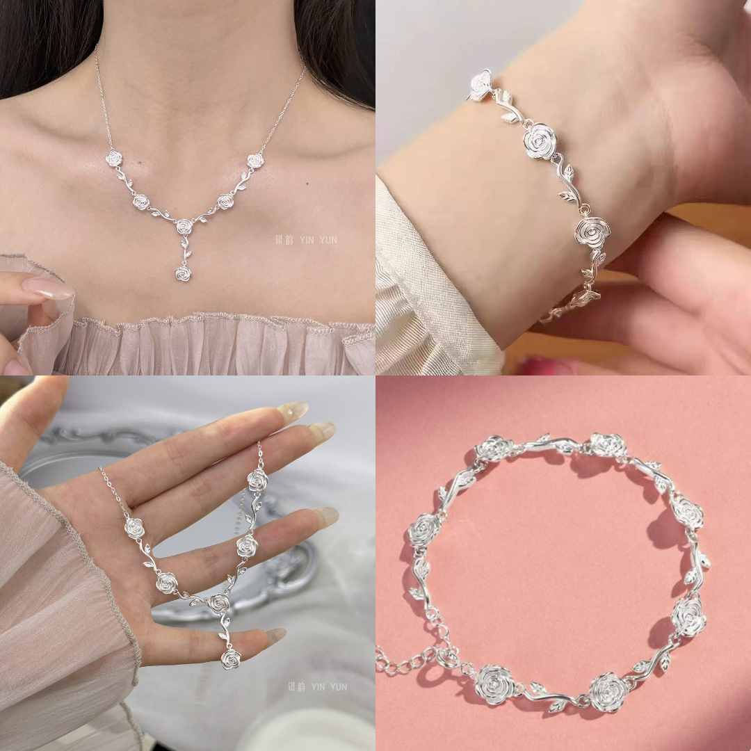  Bộ Trang Sức Bạc S999 Cao Cấp - Dây Chuyền & Vòng Tay Vườn Hoa Hồng Tình Yêu 