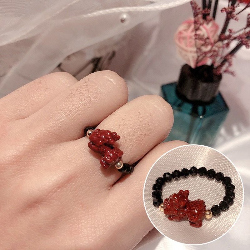  Nhẫn Đá Phong Thuỷ Cao Cấp - Con Tỳ Hưu Đá Chu Sa & Đá Obsidian Thiên Nhiên May Mắn 