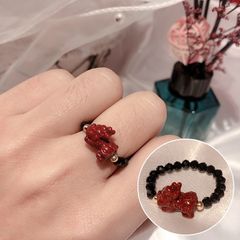  Nhẫn Đá Phong Thuỷ Cao Cấp - Con Tỳ Hưu Đá Chu Sa & Đá Obsidian Thiên Nhiên May Mắn 