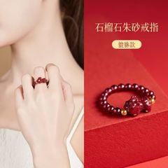  Nhẫn Đá Phong Thuỷ Cao Cấp - Con Tỳ Hưu Đá Chu Sa & Đá Garnet Thiên Nhiên May Mắn 