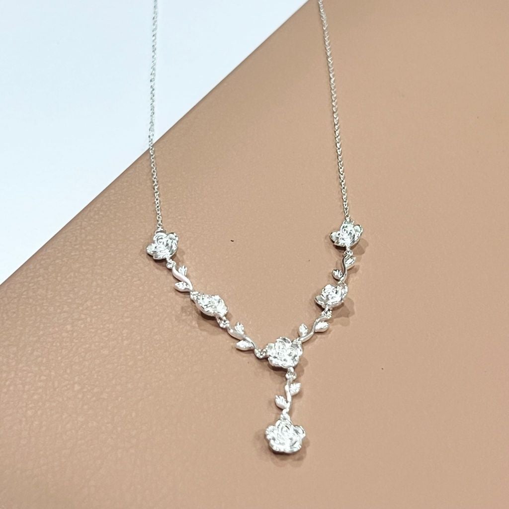  Bộ Trang Sức Bạc S999 Cao Cấp - Dây Chuyền & Vòng Tay Vườn Hoa Hồng Tình Yêu 