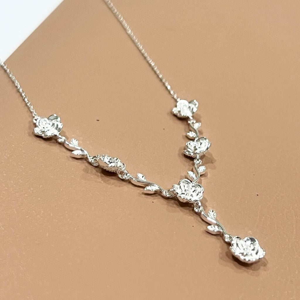  Bộ Trang Sức Bạc S999 Cao Cấp - Dây Chuyền & Vòng Tay Vườn Hoa Hồng Tình Yêu 