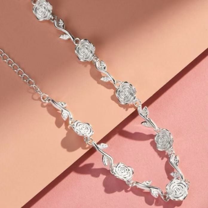  Bộ Trang Sức Bạc S999 Cao Cấp - Dây Chuyền & Vòng Tay Vườn Hoa Hồng Tình Yêu 