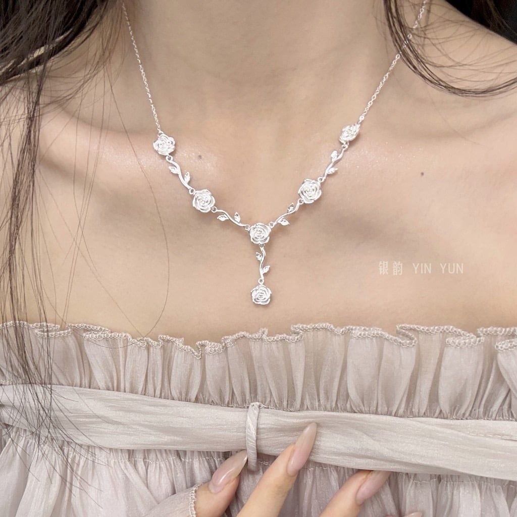  Bộ Trang Sức Bạc S999 Cao Cấp - Dây Chuyền & Vòng Tay Vườn Hoa Hồng Tình Yêu 