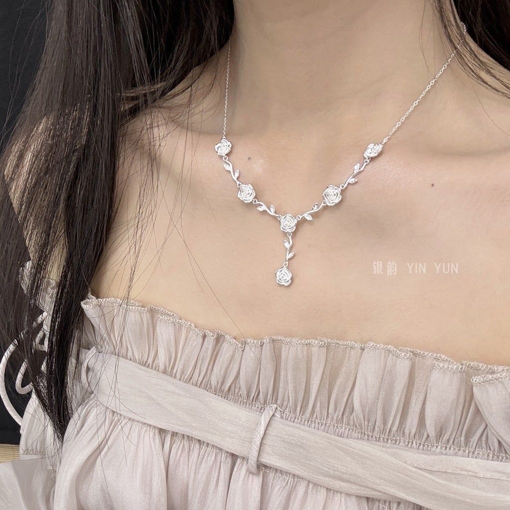  Bộ Trang Sức Bạc S999 Cao Cấp - Dây Chuyền & Vòng Tay Vườn Hoa Hồng Tình Yêu 