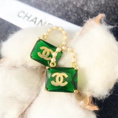 Bông Tai Túi Xách Chanel Bản To Màu Vàng Pha Lê xanh & Ngọc Trai (BV) 