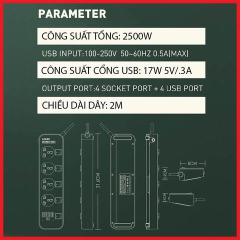  Ổ Cắm Điện Đa Năng LDNIO SC4408 – 4 Ổ Cắm Chấu EU + 4 USB-A (17W/3.4A) | Công Suất 2500W | Công Tắc Độc Lập | Dây 2M | Chống Cháy, An Toàn Cao 