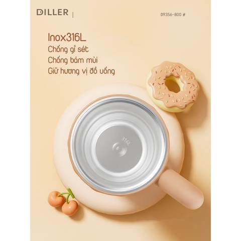  Ly giữ nhiệt Diller D9356 Capybara Series 800ml – Inox 316 giữ nhiệt 12h, kèm tay cầm & ống hút 