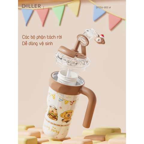  Ly giữ nhiệt Diller D9356 Capybara Series 800ml – Inox 316 giữ nhiệt 12h, kèm tay cầm & ống hút 