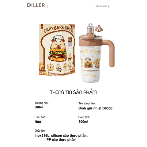  Ly giữ nhiệt Diller D9356 Capybara Series 800ml – Inox 316 giữ nhiệt 12h, kèm tay cầm & ống hút 