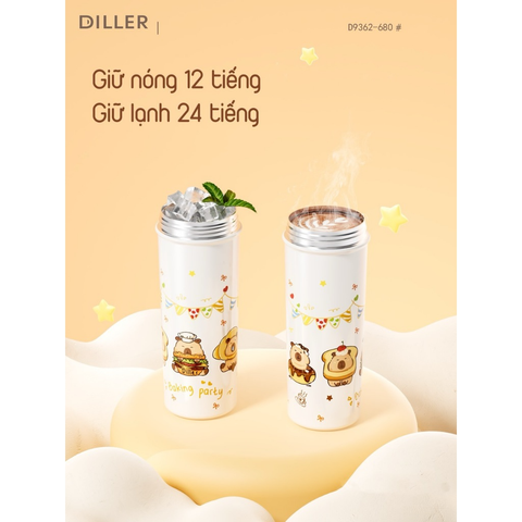  Bình giữ nhiệt Diller D9362 Capybara Series 680 ml – Inox 316, giữ lạnh lâu, có quai xách 
