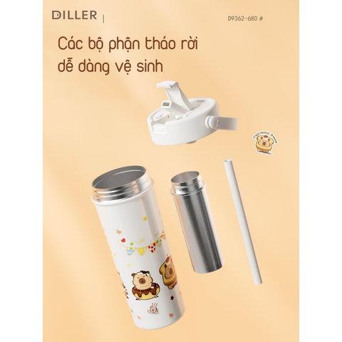  Bình giữ nhiệt Diller D9362 Capybara Series 680 ml – Inox 316, giữ lạnh lâu, có quai xách 