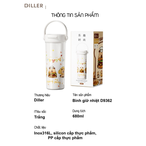  Bình giữ nhiệt Diller D9362 Capybara Series 680 ml – Inox 316, giữ lạnh lâu, có quai xách 