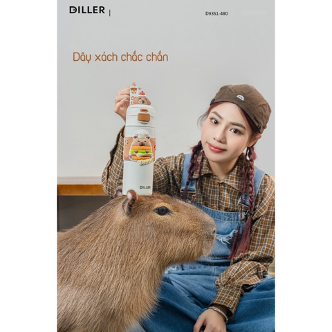  Bình Giữ Nhiệt Diller D9351 Capybara Series 480ml Inox 316 Có Ống Hút, Lọc Trà, Quai Xách Tiện Lợi 