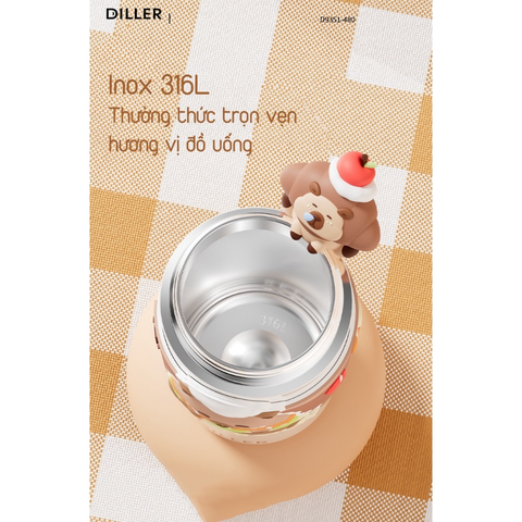  Bình Giữ Nhiệt Diller D9351 Capybara Series 480ml Inox 316 Có Ống Hút, Lọc Trà, Quai Xách Tiện Lợi 