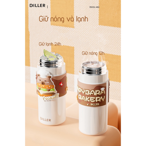 Bình Giữ Nhiệt Diller D9351 Capybara Series 480ml Inox 316 Có Ống Hút, Lọc Trà, Quai Xách Tiện Lợi 