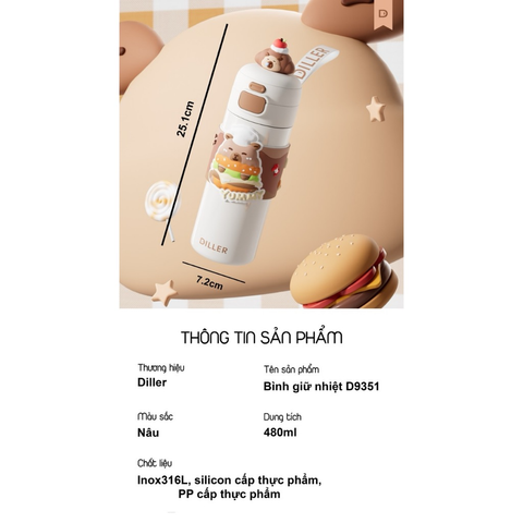  Bình Giữ Nhiệt Diller D9351 Capybara Series 480ml Inox 316 Có Ống Hút, Lọc Trà, Quai Xách Tiện Lợi 