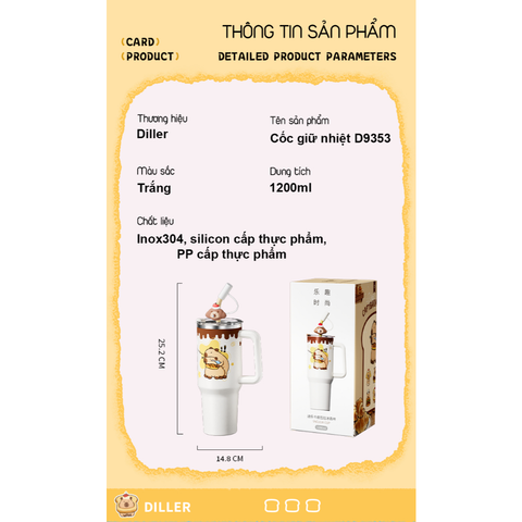  Bình Giữ Nhiệt Diller D9353 Capybara Series 1200ml, Kèm Ống Hút Inox Và Nắp Đậy1 