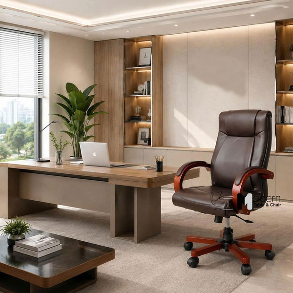 Ghế giám đốc nệm da chân ốp gỗ CD03001-P