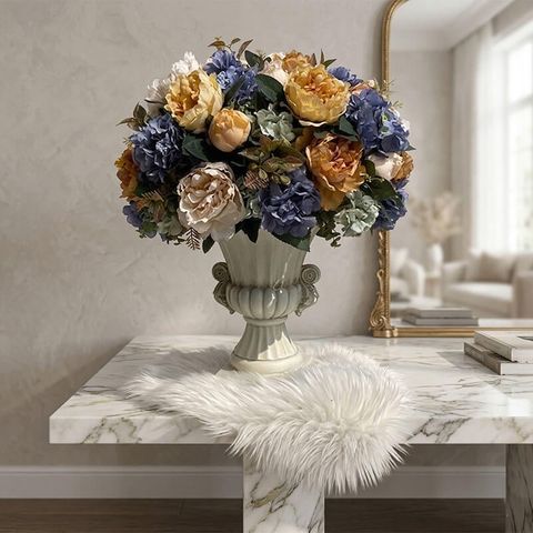 Bình hoa mẫu đơn phong cách cổ điển decor phòng khách sang trọng, hoa giả cao cấp cắm bình cổ điển