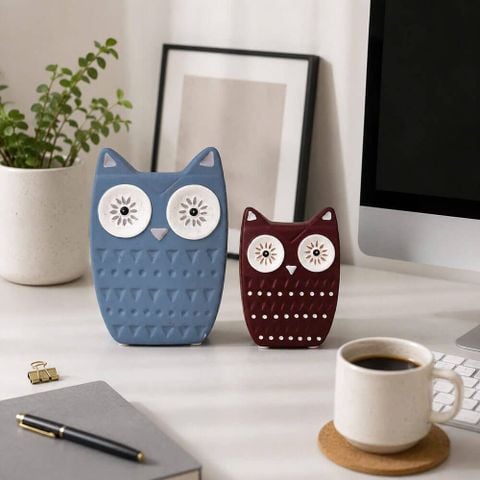bộ tượng chim cú xanh đỏ bằng sứ hiện đại