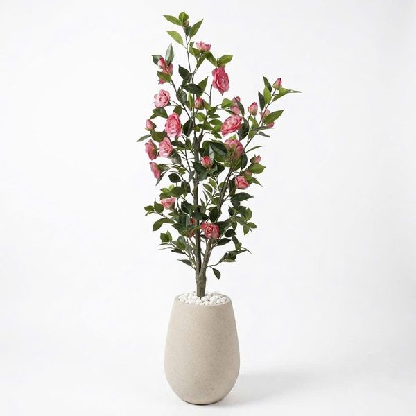 Chậu cây hoa hồng trà camellia giả