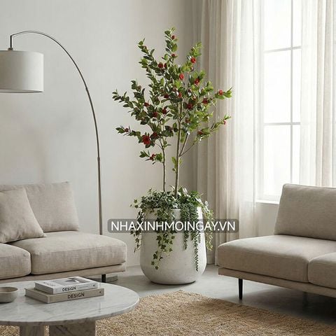 cây giả trang trí phòng khách hiện đại hoa trà my đỏ