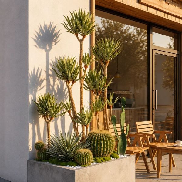 Tiểu cảnh cây Yucca giả trang trí cho quán cafe hiện đại