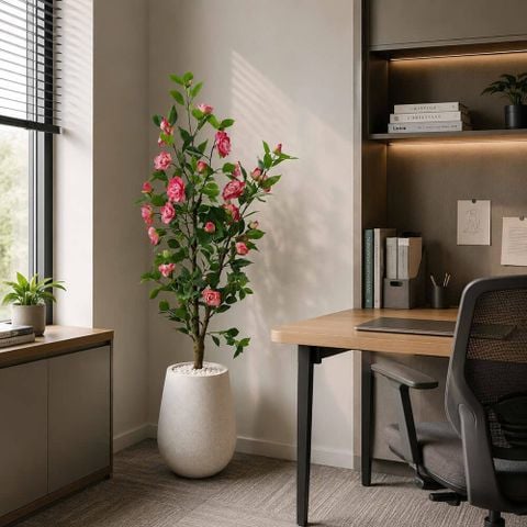 Chậu cây hoa hồng trà camellia giả